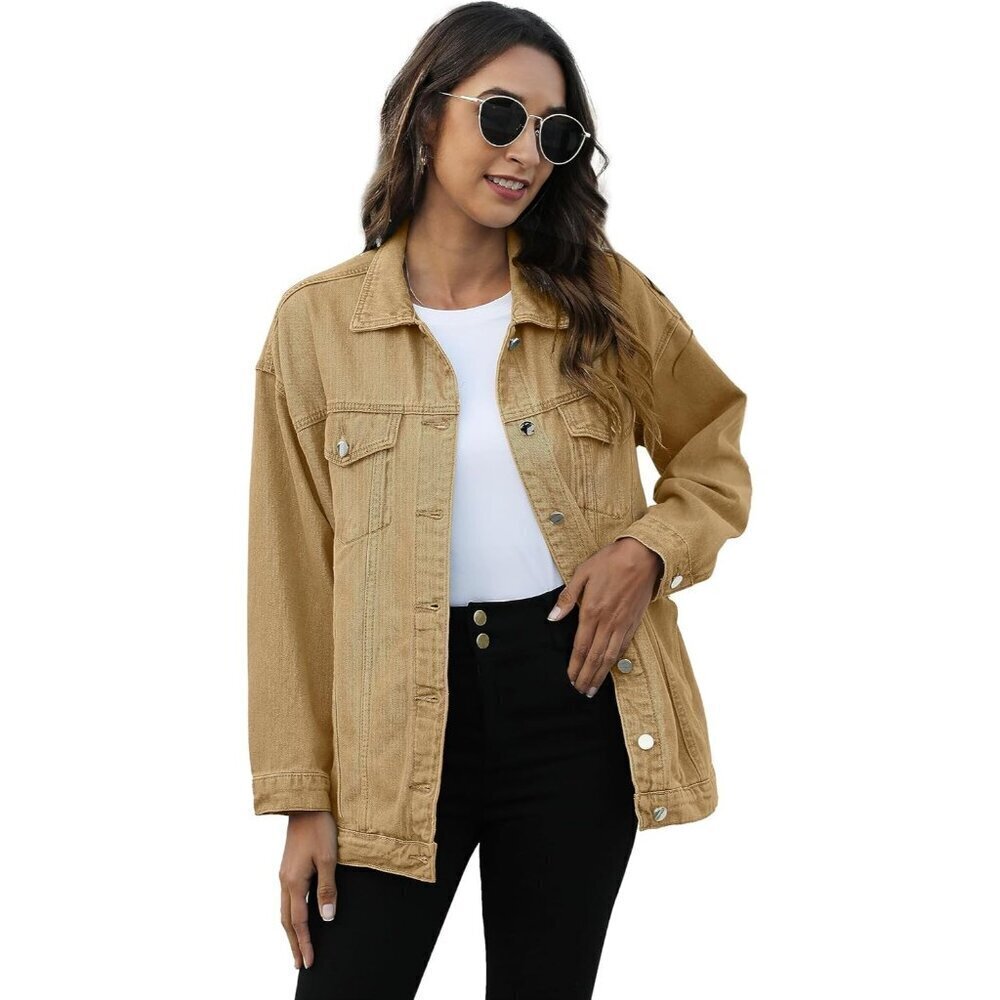 Women's Oversized Mid Long Denim Jacket Jean Biker Coat Long Sleeves Khaki